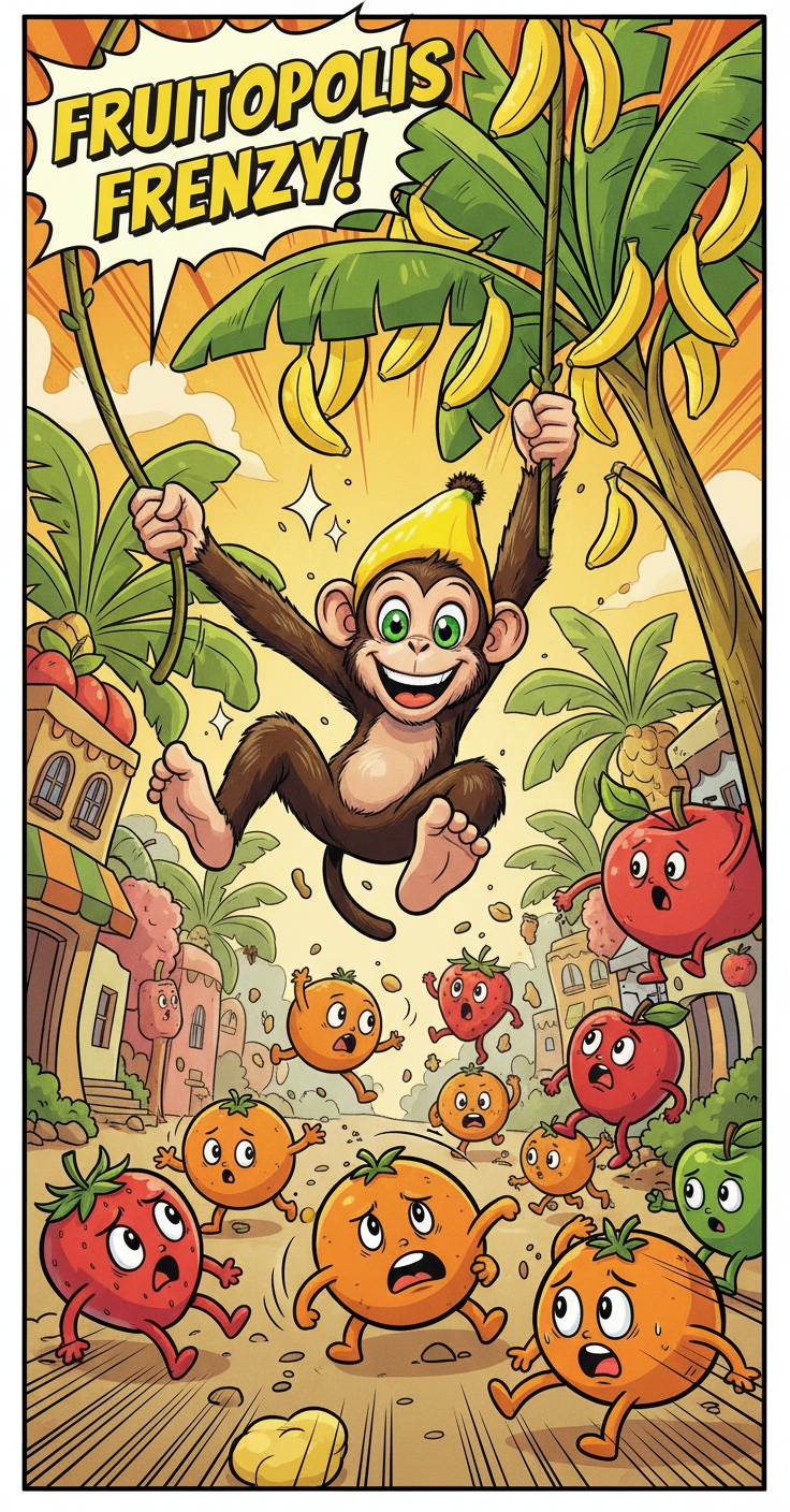 Banana Bandit vs. Captain Peel – A Fruity Battle for Control of Fruitopolis - AI generated story illustration